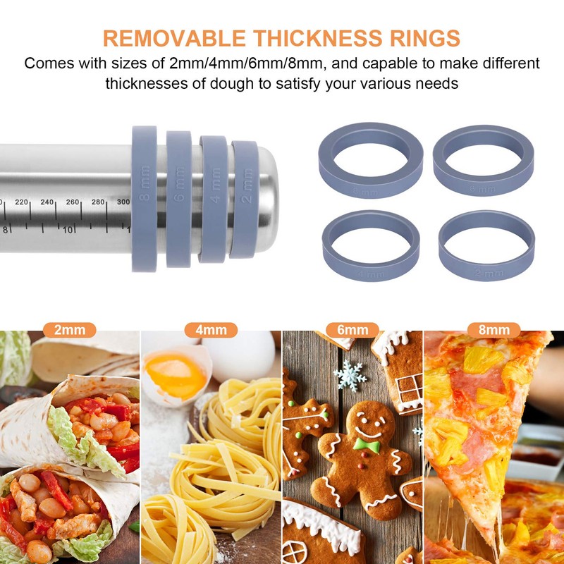 Rolling Pin Dough Roller Stainless Steel with 4 Silicone Guide