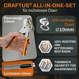 CRAFTUS® Professional Eyelet Pliers Set with 200 Rustproof Eyelets (Diameter 10 mm), Magnetic Eyelet Press Made of Hardened Steel for Fabrics and Tarpaulins, Eyelet Punch for Tarpaulin/Metal Eyelets