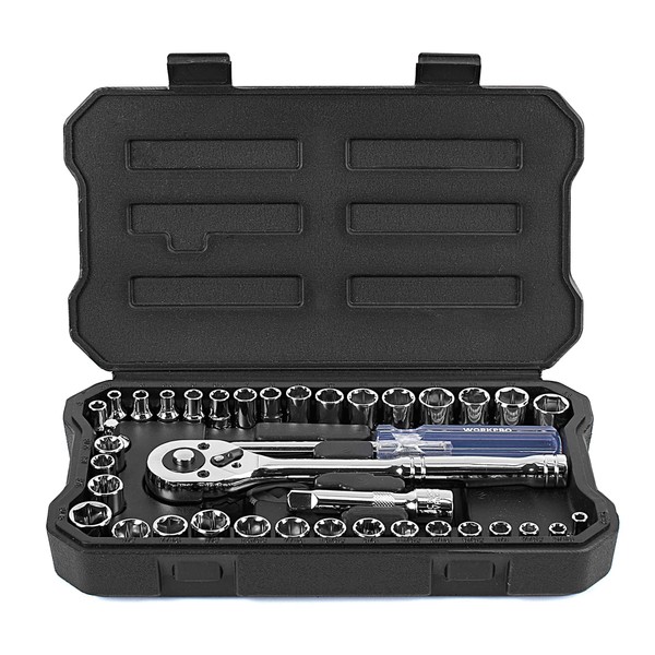 WORKPRO Set of 1/4-inch and 3/8-inch Cr-V Sockets and Quick Release Ratchet Wrench (39-Piece)