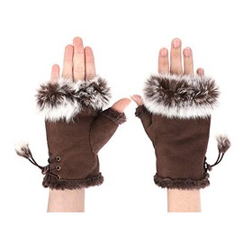 Women Winter Warm Fingerless Gloves Rabbit Fur Half Finger Mittens Half Finger Suede Leather Short Gloves Wrist Warmer Texting Gloves Ski Gloves Snow Gloves Cold Weather Gloves Outdoor Sport Gloves