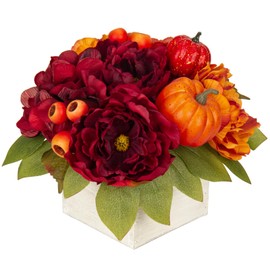 DILATATA Fall Decor Autumn Harvest Pumpkins Centerpiece - Artificial Peony Arrangement in Wooden Box for Thanksgiving Party Mantel Fall Decor