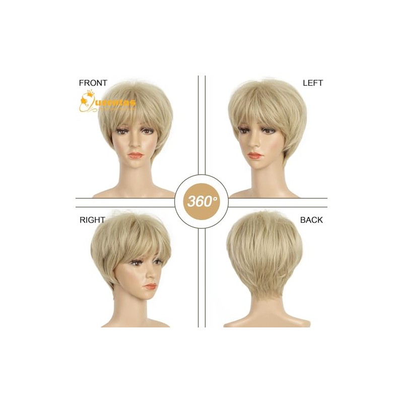 QUEENTAS Peluca Rubia Corta, Pelucas De Corte Pixie Para Mujeres