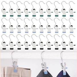 30 Pack Closet Organizer Clips, Space Saving Hanging Chip Clips for Leggings, Yoga Pants, Hats, Bag, Non-Slip Metal Hangers Hooks with 360° Rotation for Wardrobe Organization (Black, Green, Blue)