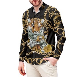 Xhuibop Gold Iron Chain Tiger Button-Down Shirts for Men Casual Dress Shirts Long Sleeve Aloha Shirts Plus Size L Outfits Button Up Shirts Regular Fit