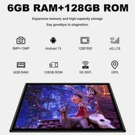 Tablet Android Tablets 10 Inch, Octa-Core Android 13 Unlocked Tablet with SIM Card Slot, 128GB ROM+6GB RAM, 5MP+13MP Camera/5G WIFI GPS/BT/6000mAh/1280*800 IPS Screen/Cellular Tablet with Case (Black)
