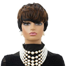 MOONSHOW Short Pixie Wigs for Black Women Brown Pixie Cut Wig Short Straight Pixie Hair Wig for Women 1B/30 Colored Layered Synthetic Auburn Brown Haircut Wigs for Black Women