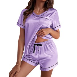 Ekouaer Silk Pajama for Women Short Sleeve Satin Pj Set Two Piece Soft Sleepwear Loungewear Casual Pjs for Summer Lavender Medium