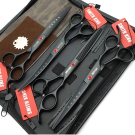 7.0 inches Professional Dog Grooming Scissors Set Straight & thinning & Curved & chunkers & comb 5pcs in 1 Set for left-handed & right handed (Black, Right-handed)