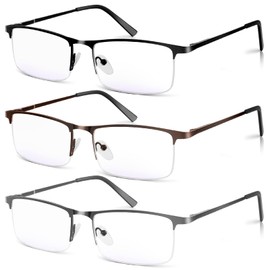 WEIMELTOY 3 Pack Blue Light Blocking Reading Glasses for Men, Stylish Half Frame Metal Computer Readers, Lightweight Spring Hinge Eyeglasses Anti Eyestrain/Glare/UV (Mix Color, Black+Grey+Brown, 1.75)