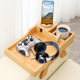 AISONGDONG Couch Armrest Table, Versatile Bamboo Sofa Arm Tray with 360° Rotatable Phone Holder & Dual Cup Holders, Foldable Sofa Armrest Tray Table for Couch in Living Room(15.3" x 9.8", Bamboo)