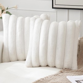 MIULEE Pack of 2 White Throw Pillow Covers 18x18 Inch Soft Couch Pillow Covers with Velvet Back Faux Rabbit Fur Throw Pillows Decorative Home Decor for Sofa Bedroom Livingroom