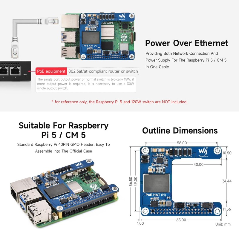 Waveshare Power Over Ethernet HAT (H), Compatible with Raspberry Pi