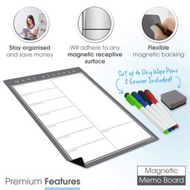TMS A4 Weekly Meal Planner for Fridge | Magnetic Whiteboard Calendar and Shopping List | Use for Food Prep and Family Planning | Dry Wipe Memo Board for Kitchen | Made in the UK [30 x 21cm]