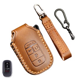 Aoocar 2022 2023 2024 Leather Key Fob Cover, Compatible with Honda Accord Civic HR-V CR-V Pilot Sport SI EX EX-L Touring, No Screw Design Retro Style Smart Key Protector, 4/5 Button(Brown)