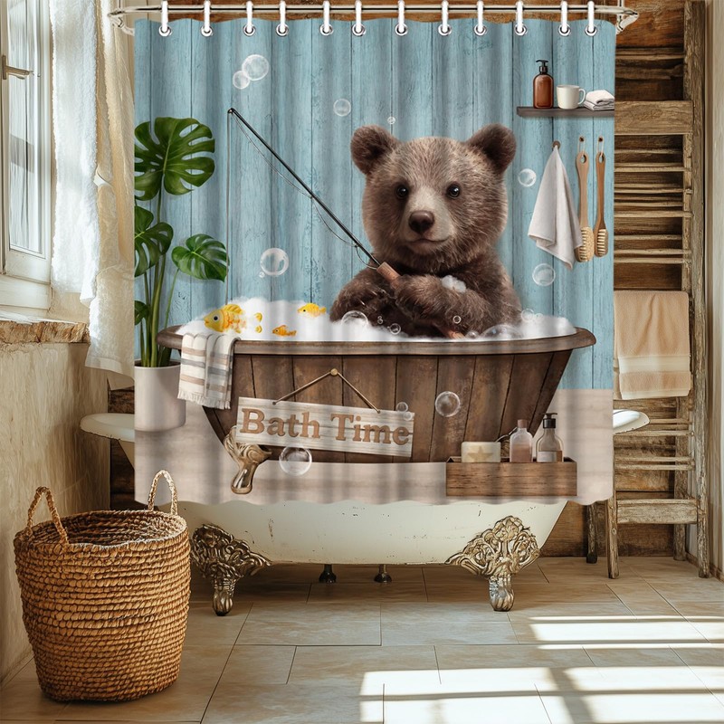LeAquaNook Funny Bear Shower Curtain Teal Wildlife Animal Bathing in