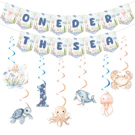 Jollyboom Under the Sea 1st Birthday Party Decoration Boy, Oneder the Sea Party Decoration Banner Hanging Swirl Streamer for Sea Ocean Beach Marine Animal 1st First Birthday Party Decoration
