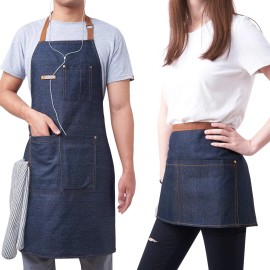 KPD Kitchen Apron Adjustable Denim With Pockets Man Woman Blue Bbq Garden Work