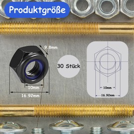 qingmeng Hex Nuts M10, 30 Pieces Nut M10 Black, Self-Locking Nuts, M10 Stop Nut Locking Nuts, Lock Nuts Set Screw Nut M10 Metric Thread