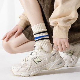 3 Pairs Striped Crew Socks Retro Tube Socks Vintage Slouch Socks for Women (Cotton, Sock set 4)