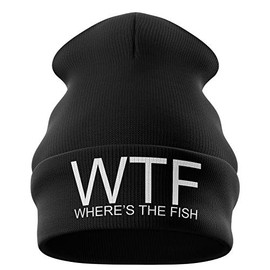 WTF Wheres The Fish Embroidered Carp Fishing Beanie Hat for Mens Fishing Gifts for Men (Black)
