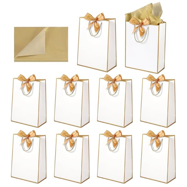 AUTUUCKEE 10 Pcs Elegant Gold Gift Bags with Bow Ribbon,