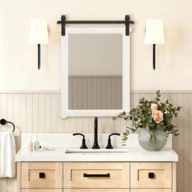 Besdomus Farmhouse Bathroom Wall Mirror: 22"x30" White Barn Door Solid Cedar Wood Frame Vanity Mirror - Rustic Home Decor for Bathroom/Living Room/Hallway - Modern Farmhouse Decor for Housewife