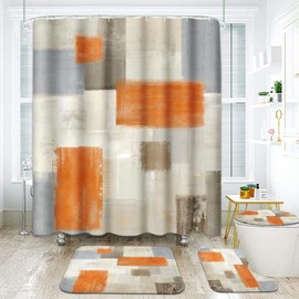 ArtSocket Abstract Orange Bathroom Set with Shower Curtain and Rugs Accessories, Brown and Gray Modern Shower Curtain, Orange Bathroom Decor 4 Pcs
