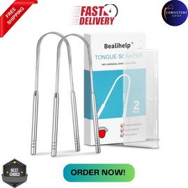 Bealihelp 2 Pack Tongue Scraper, 100% Surgical 304 Stainless Steel Tongue Cleaner for Adul