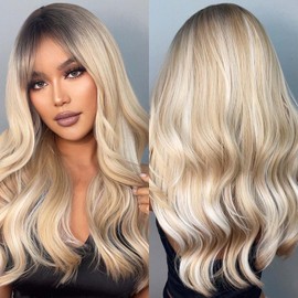 EMMOR Blonde Wigs with Fringe Blonde Highlights Synthetic Women's Wig Long Wavy Tiered Heat Resistant Daily Use Natural and Comfortable