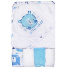 Baby Girl Boy Hooded Towel Flannel Face Cloths Wash Bath Time 5 Piece Set (Blue)