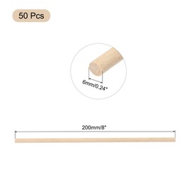 sourcing map Round Wood Sticks 1/4"x8" Dowel Rod Unfinished Hardwood Stick Craft Twigs Log Stick for DIY Crafts Pack of 50