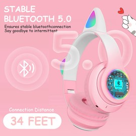AXFEE Bluetooth-Kopfhörer mit Katzenohren Kopfhörer Kinder, Kinderkopfhörer Bluetooth, Mädchen Katzenohr Kopfhörer Over-Ear mit LED-licht Faltbare Stereo Kopfhörer Kabellose