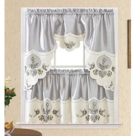 GOHD Rose Melody. 3pcs Kitchen Cafe Curtain Set.Farmhouse Swag and 24 inches Tiers Set for Small Windows. Nice Matching Color Rose Embroidery on Border and Inserted Organza. (Silver Grey)