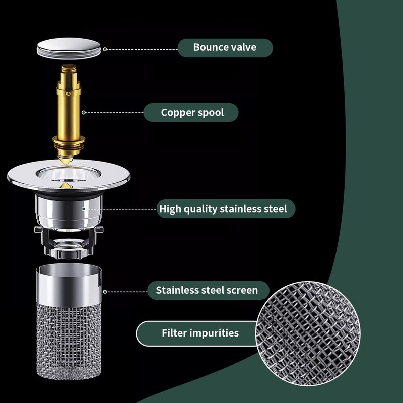 Drain Plug with Strainer, Stainless Steel Sink Drain Strainer, Sink