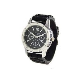 GENEVA PLATINUM ROUND FAUX CHRONOGRAPH SILICONE WATCH - BLACK/SILVER