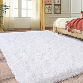 Fluffy Rugs for Bedroom Living Room, 4x6 Feet Indoor Modern Shaggy Area Rugs, Non-Slip Fuzzy Shag Floor Carpet for Dorm Nursery Kids Room Decor, Soft Plush Throw Rug, White