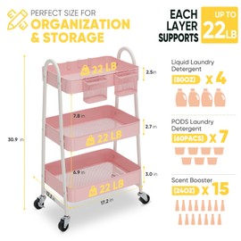 Sekey 3 Tier Rolling Cart Metal, Easy Install Utility Cart on Wheels, Hanging Cups & Hooks, Heavy Duty Storage Cart with Lockable Wheels for Baby Nursery, Bathroom, Kitchen, Laundry Room, Pink