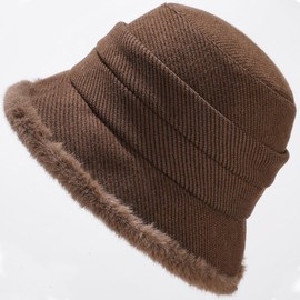 Vintage 1920s Cloche Hats Packable Winter Fleece Lined Bucket Hat Church Women (A-Coffee)