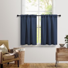 Navy Blue Linen Cafe Kitchen Door Curtains Tier 36 Inch Length Back Tab Pocket Semi Privacy Light Filter Energy Efficient Half Short Bedroom Curtains for Small Window Living Room Dining 3FT Long 30x36