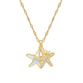 Dainty CZ Starfishes Pendant Necklace for Women 14K Gold Plated Stainless Steel Fashion Star Shell Pearl Ocean Sea Marine Life Charms Link Chain Adjustable Necklaces Holiday Beach Party Jewelry