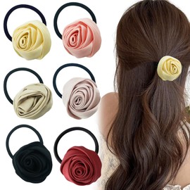 6 Pack Colorful Rose Flower Hair Ties, Satin Floral Elastics Hair Bands Scrunchies Ponytail Holder Wedding Bridals Party Hair Accessories for Women Girls