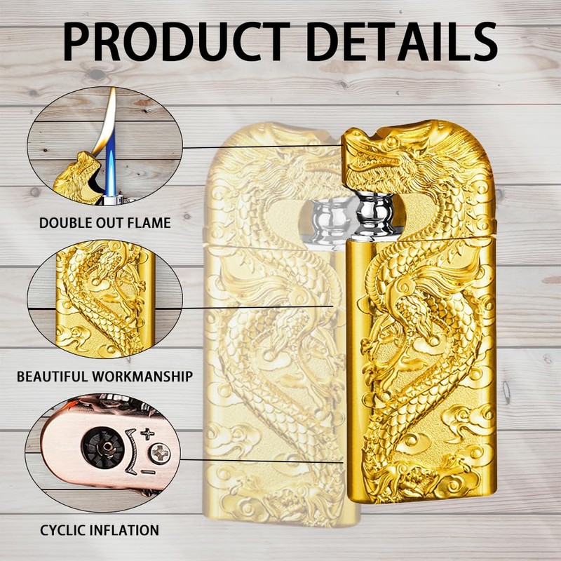 Embossed Dragon Flame Lighter, Cool Dual Flame Butane Lighter, Creative