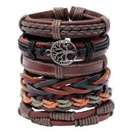 6 Brazaletes Pulseras De Hombre Cuero Vintage Café Varonil Con Dije Árbol Color Café
