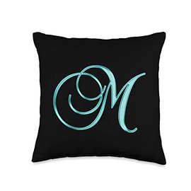 M Teal Black Turquoise Yellow Initial Monogram Letter Name Throw Pillow