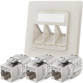 hb-digital 3-Port CAT 7 Network Socket Flush-Mounted RAL9010 + 3x CAT 7 Keystone RJ45 Module LAN Ethernet Keystone Socket for CAT 5e CAT 6 CAT 6a Max. 10 Gbit/s STP - Pure White