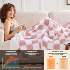 Light Pink Heated Blanket Electric Throw, 50X60 Heating Blanket with 10 Heat Levels & 8 Hours Auto Off for Lap, Checkered Plaid Soft Sherpa Blankets Warmer Gifts for Couch Grandma Women Adults, ETL