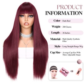 WIGER Long Wine Red Wigs with Bangs Straight Dark Red Hair Wig for Women Long Bangs wig Full Burgundy Cosplay Wig for Girls Synthetic Colored Hair for Daily or Costumes