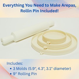 Molde para Arepas with Rodillo (Rolling Pin) – 3 Sizes (5.9", 4.3", 3.1") & Double Thickness for Perfect Arepas Colombianas, Gorditas, and More – Durable, Food-Safe, Easy-to-Clean Kitchen Tool