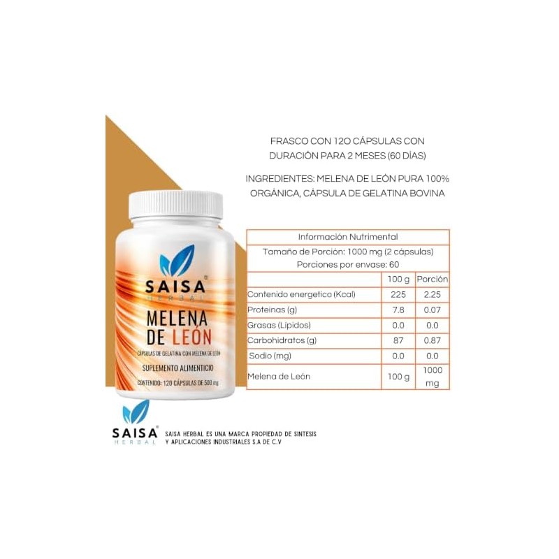 SAISA HERBAL Melena de León,120 Cápsulas Memoria, Concentración, Bienestar Cognitivo