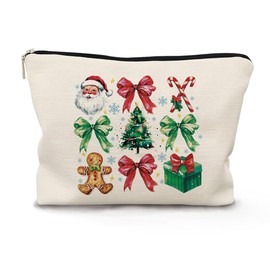 BARPERY Christmas Makeup Bag, Coquette Red Green Bow Cosmetic Bags for Women, Vintage Santa Christmas Makeup Bag, Womens Gifts for Christmas, Christmas Zipper Pouch Makeup Pouch